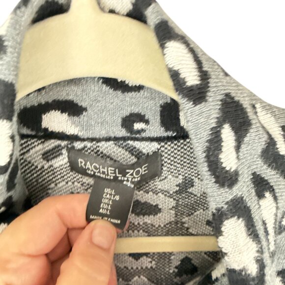 Rachel Zoe Leopard Print Zip Cardigan Jacket L Gray Black Cotton Blend Artsy - Picture 4 of 8